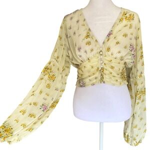 Sheer Floral Chiffon Ruched Yellow Crop Blouse Large Prairie Cottage Boho Trad